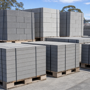 Palletised concrete pavers and masonry blocks in a trade yard