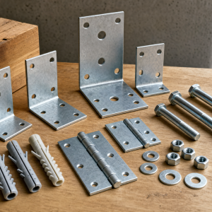 Galvanised brackets, hinges, bolts, washers and masonry anchors