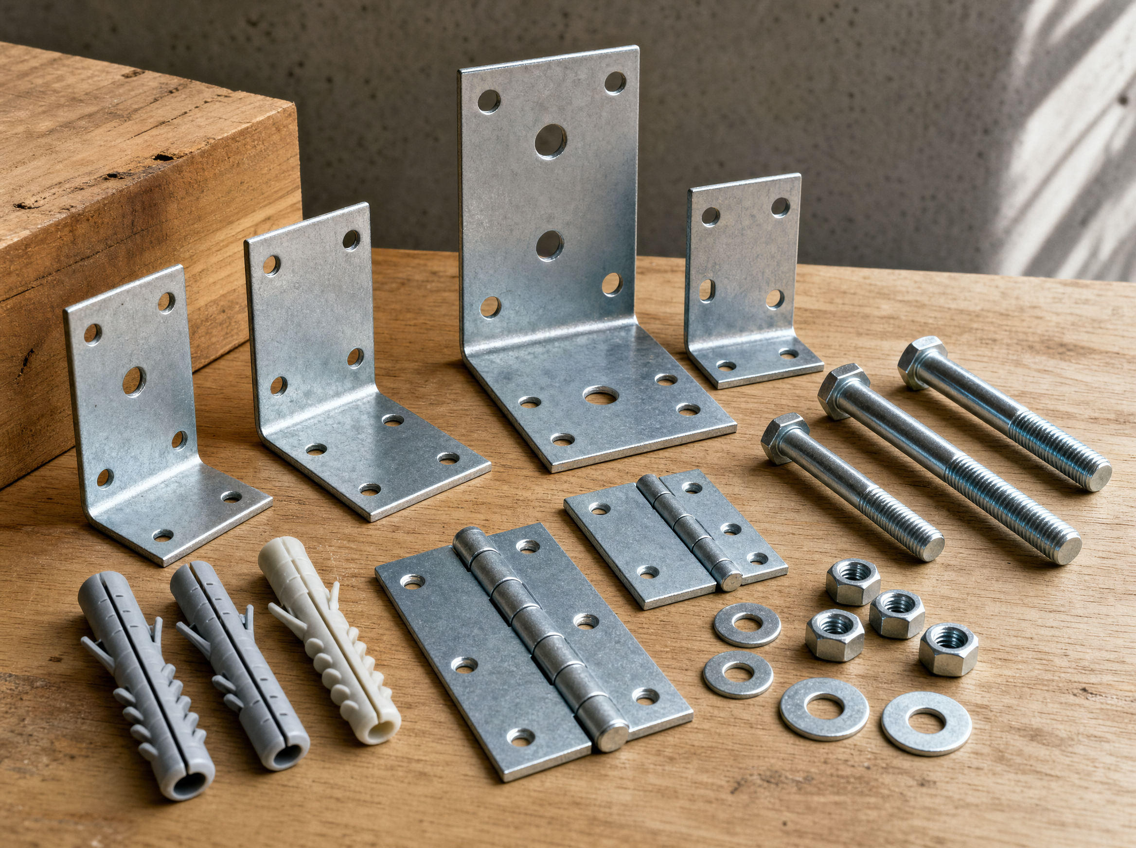 Galvanised brackets, hinges, bolts, washers and masonry anchors