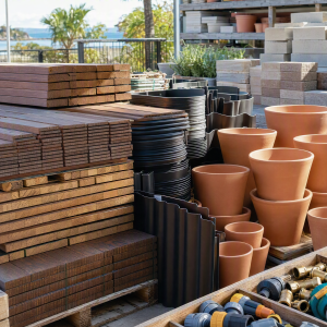 Decking boards, landscaping supplies, pots and paving stones