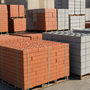 Pallet stacks of clay bricks and concrete masonry blocks