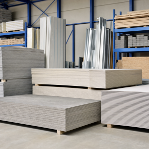 Sheet building materials stacked in a trade warehouse