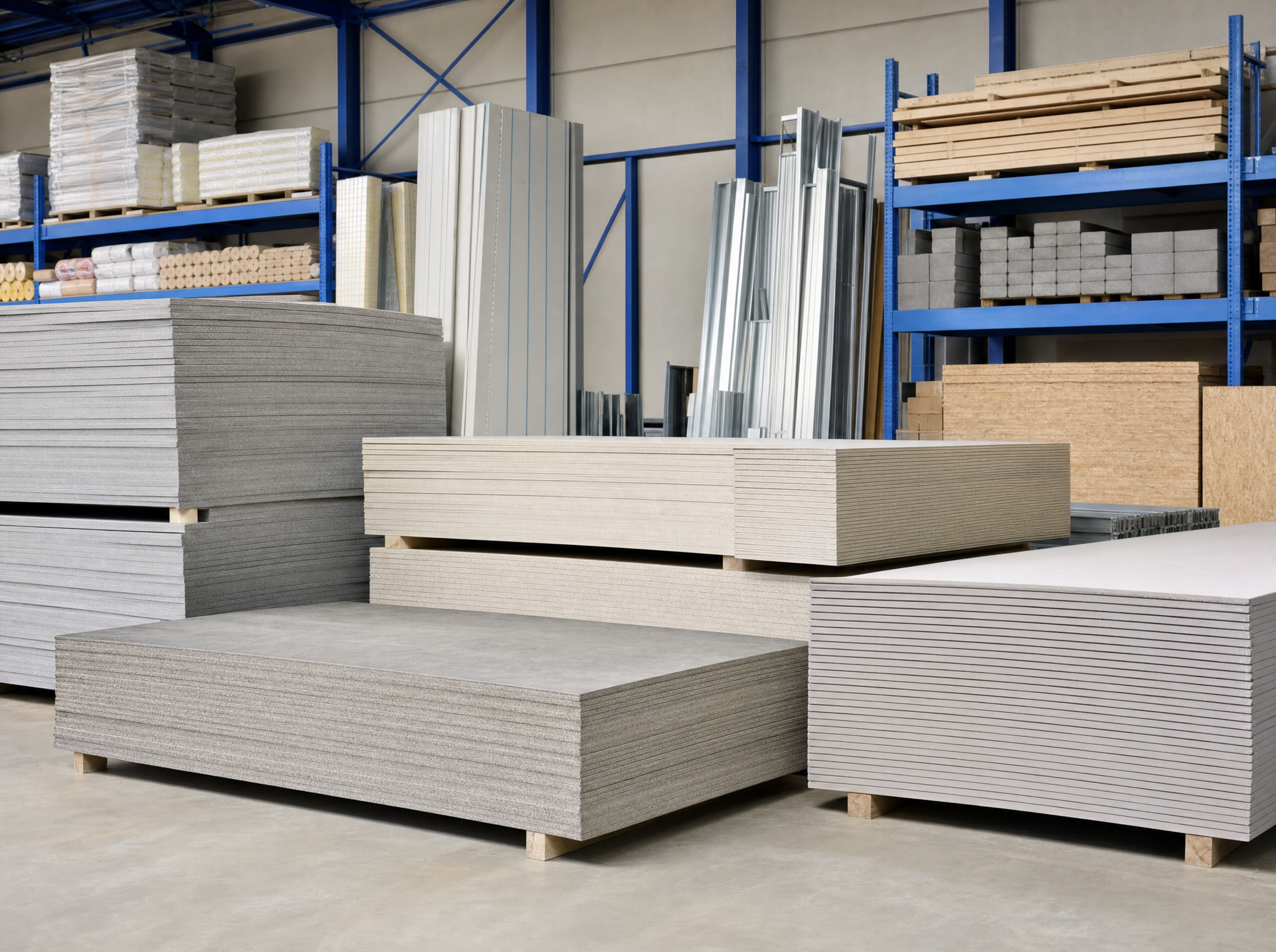 Sheet building materials stacked in a trade warehouse