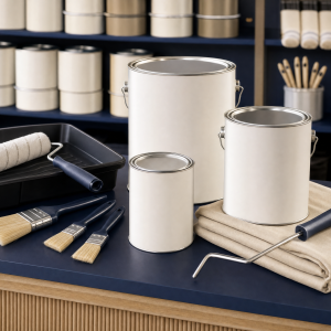 Plain paint tins, rollers, brushes and trays on a trade counter