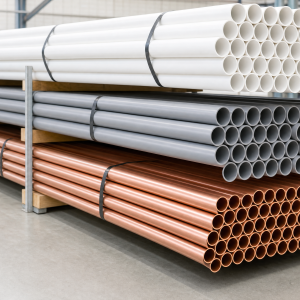 Bundles of white, grey and copper plumbing pipe in a trade warehouse