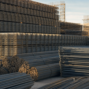 Stacks of steel reinforcement bar and mesh