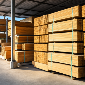 Neatly stacked structural and framing timber in a trade warehouse